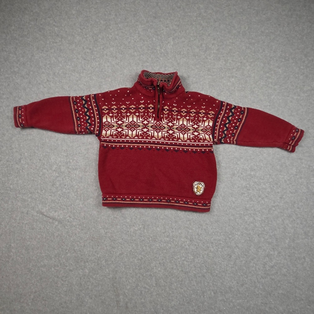 Newton Trading Co Boys 3T Red Fair Isle Quarter Zip Cotton Sweater Lion Patch